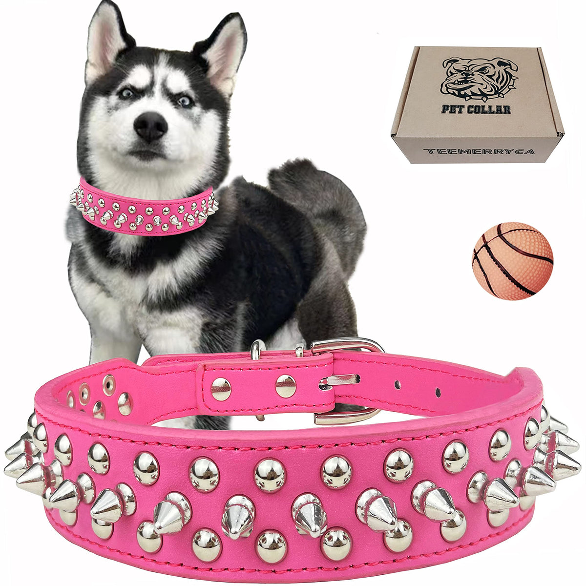 Collar TEEMERRYCA con tachuelas rosado, ajuste cómodo y estilo destacado.