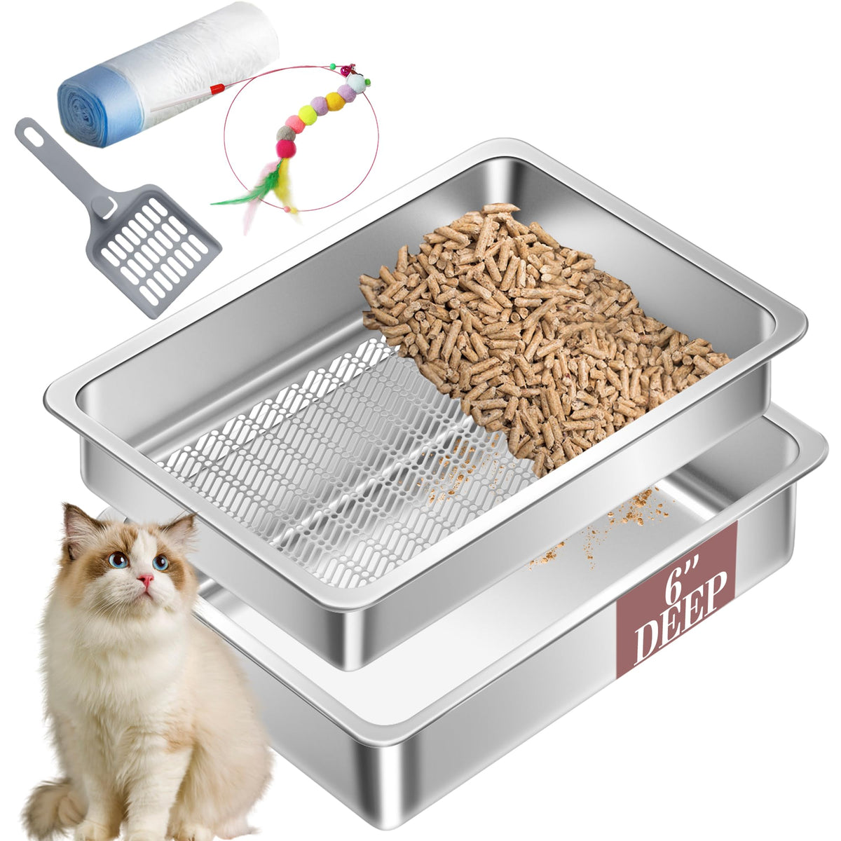 Tehoao bandeja sifto para gatos en acero inoxidable, diseño duradero para uso diario.