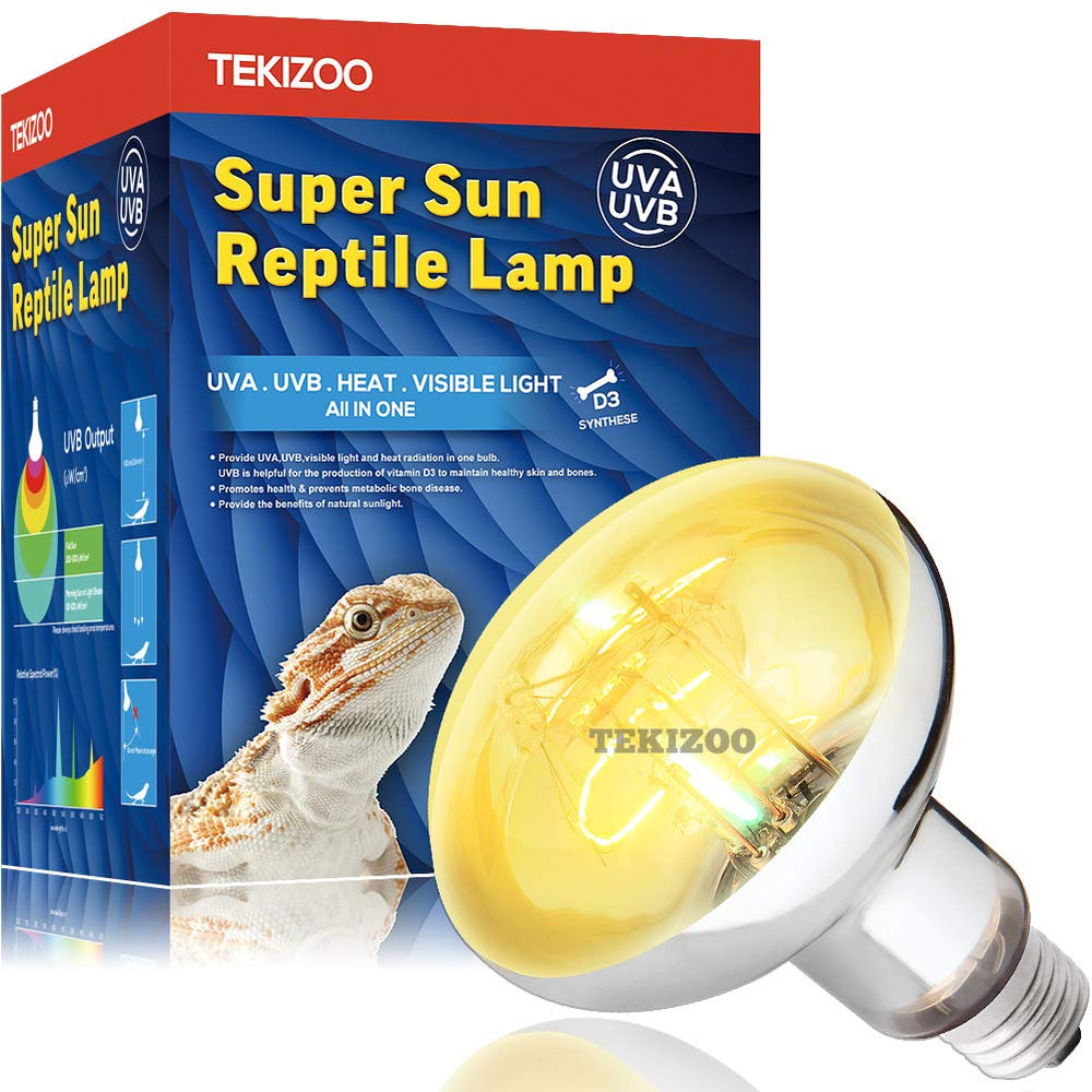 TEKIZOO lámpara UVB 160W, vista frontal que ilumina el hábitat de reptiles.