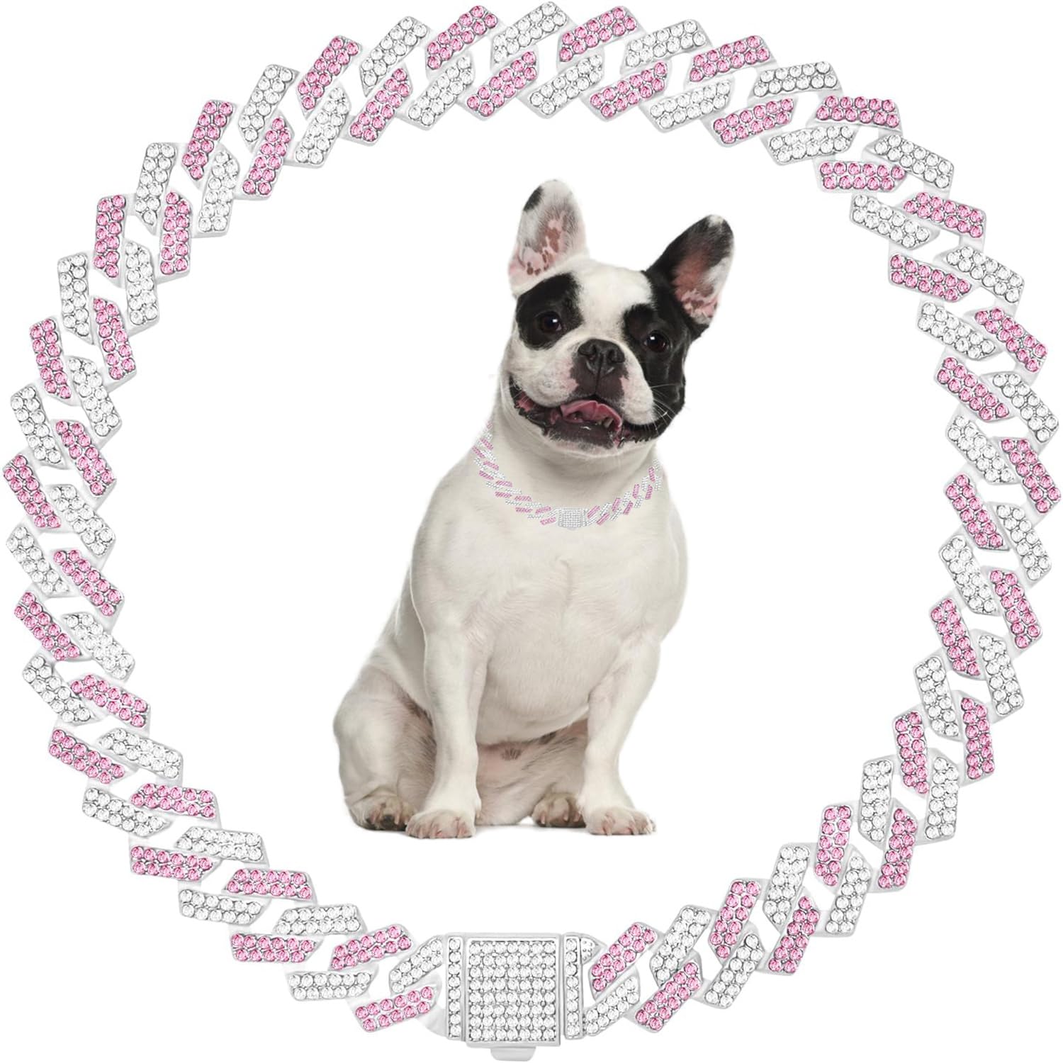 Teleyi collar de cadena cubana rosa para perros y gatos, 18 pulgadas, brillo notable