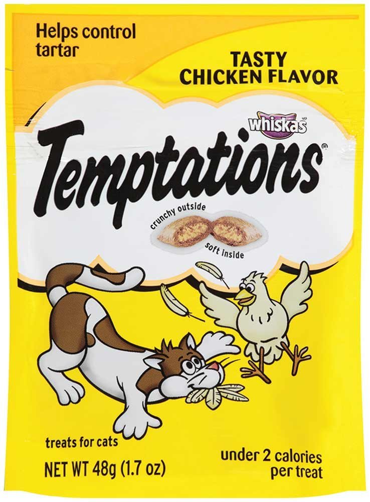 Temptations tratamientos para gatos con pollo: crocante exterior, premio delicioso para el paladar felino.