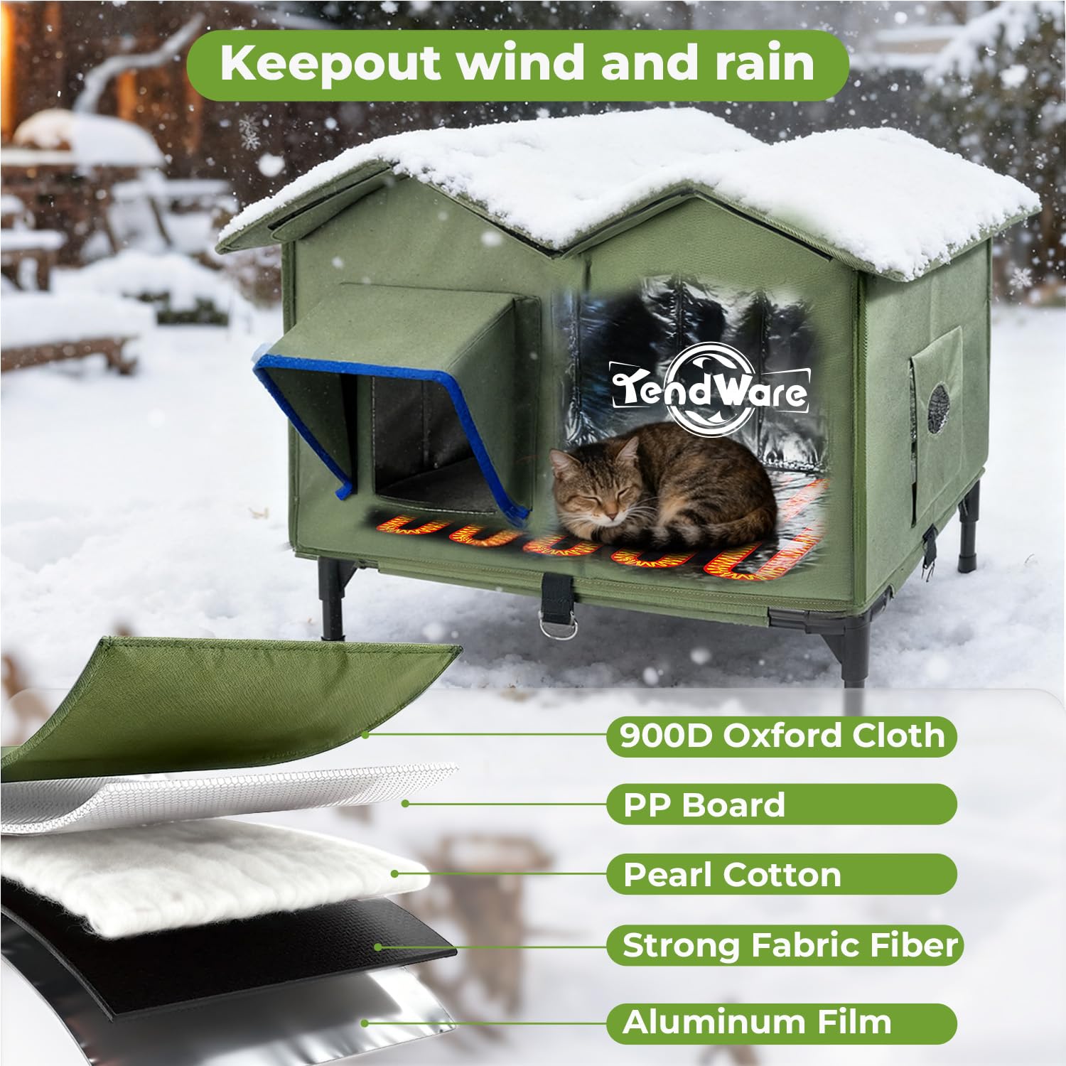 TENDWARE casa-gato-exterior-cubierta-impermeable para climas adversos