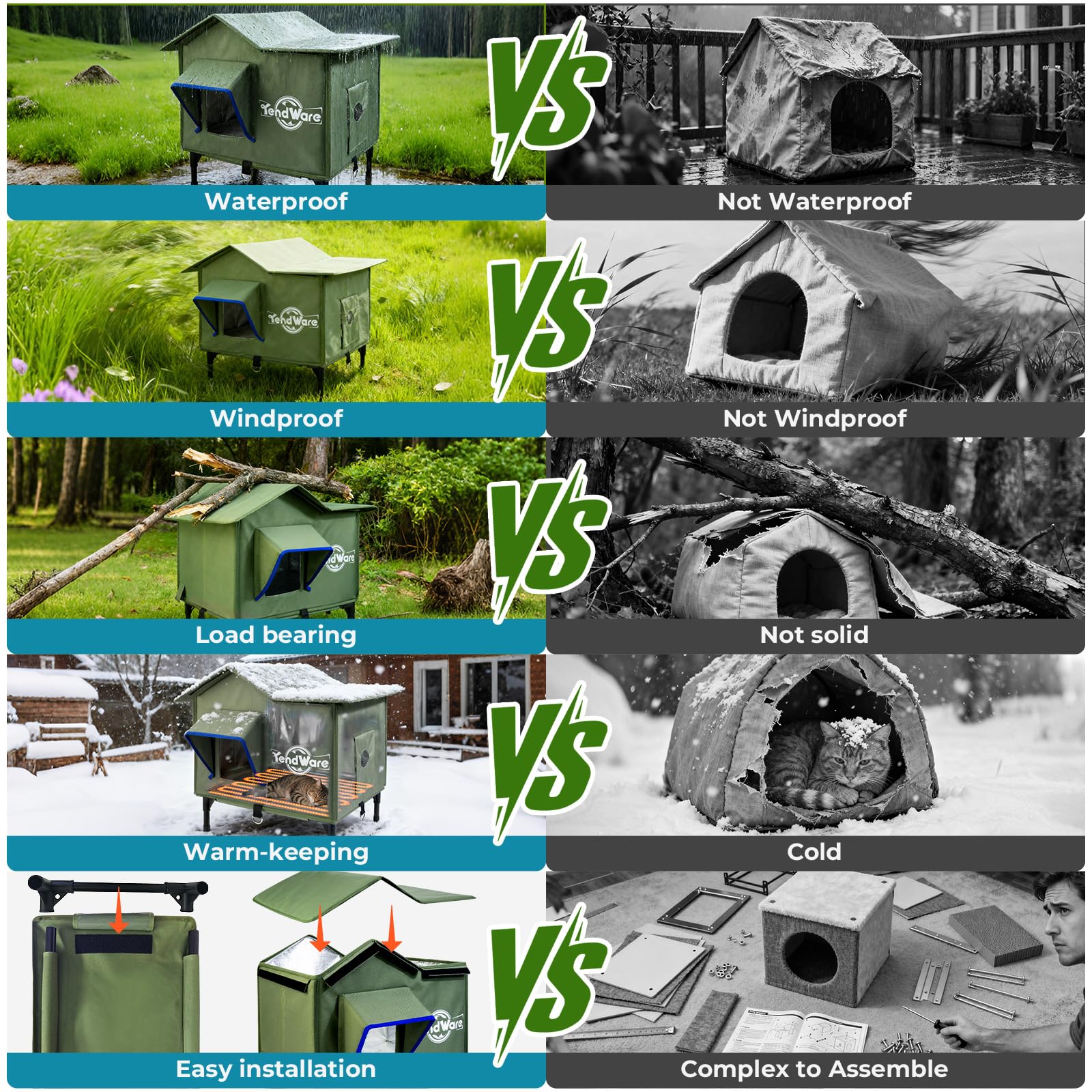 Tendware ensamblaje-facil-casa-gato-exterior monta rápido sin herramientas.