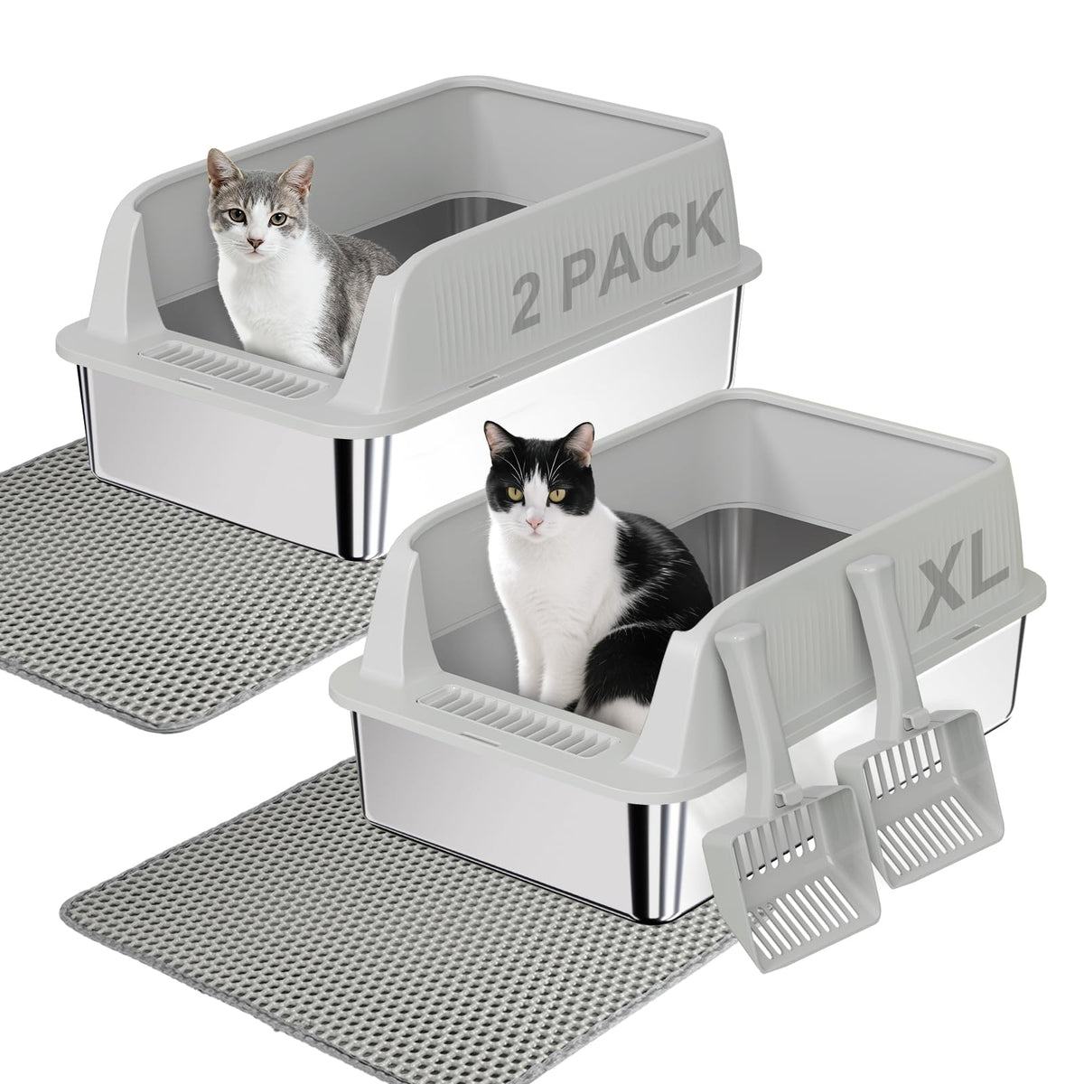 Tentizon dos cajas de arena de acero inoxidable para gatos, limpieza rápida