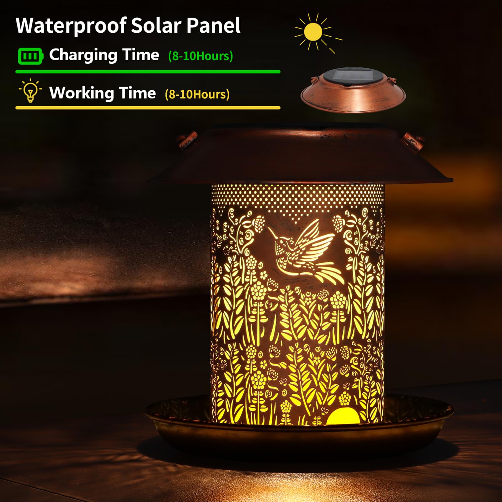 Decoración de jardín impermeable Tepaken con comedero para aves y luz cálida.