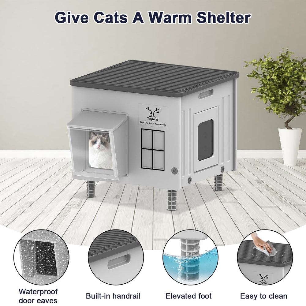Cama calefactada incluida para comodidad de varios felinos.