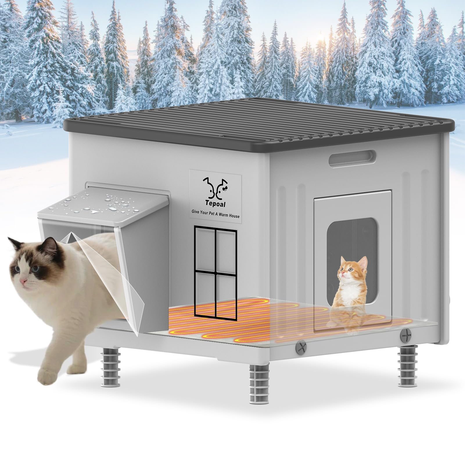 La casa de gatos Tepoal caliente exterior ofrece refugio cálido para felinos al aire libre.