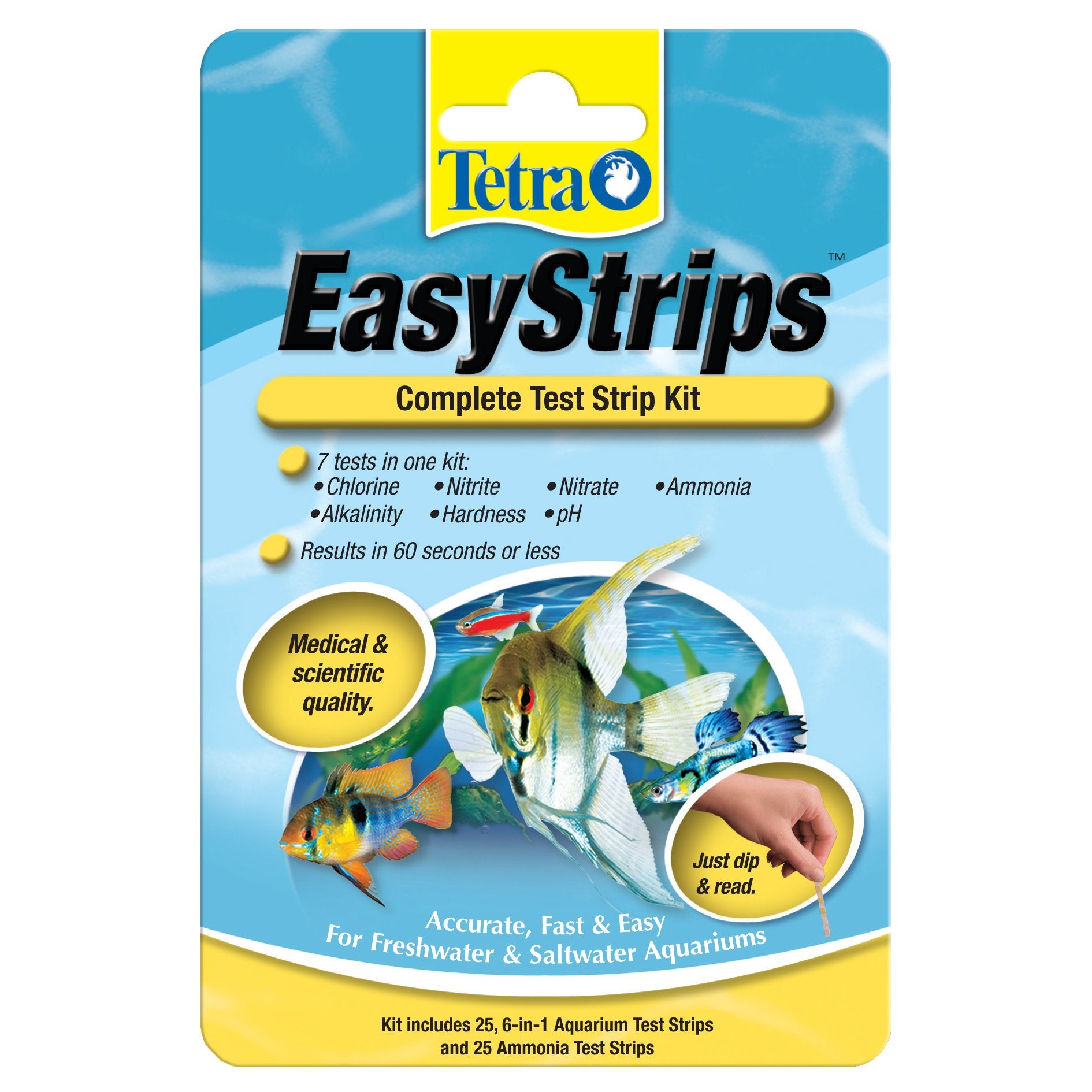 Tetra EasyStrips muestra pruebas 6 en 1 para monitorear la calidad del agua del acuario.
