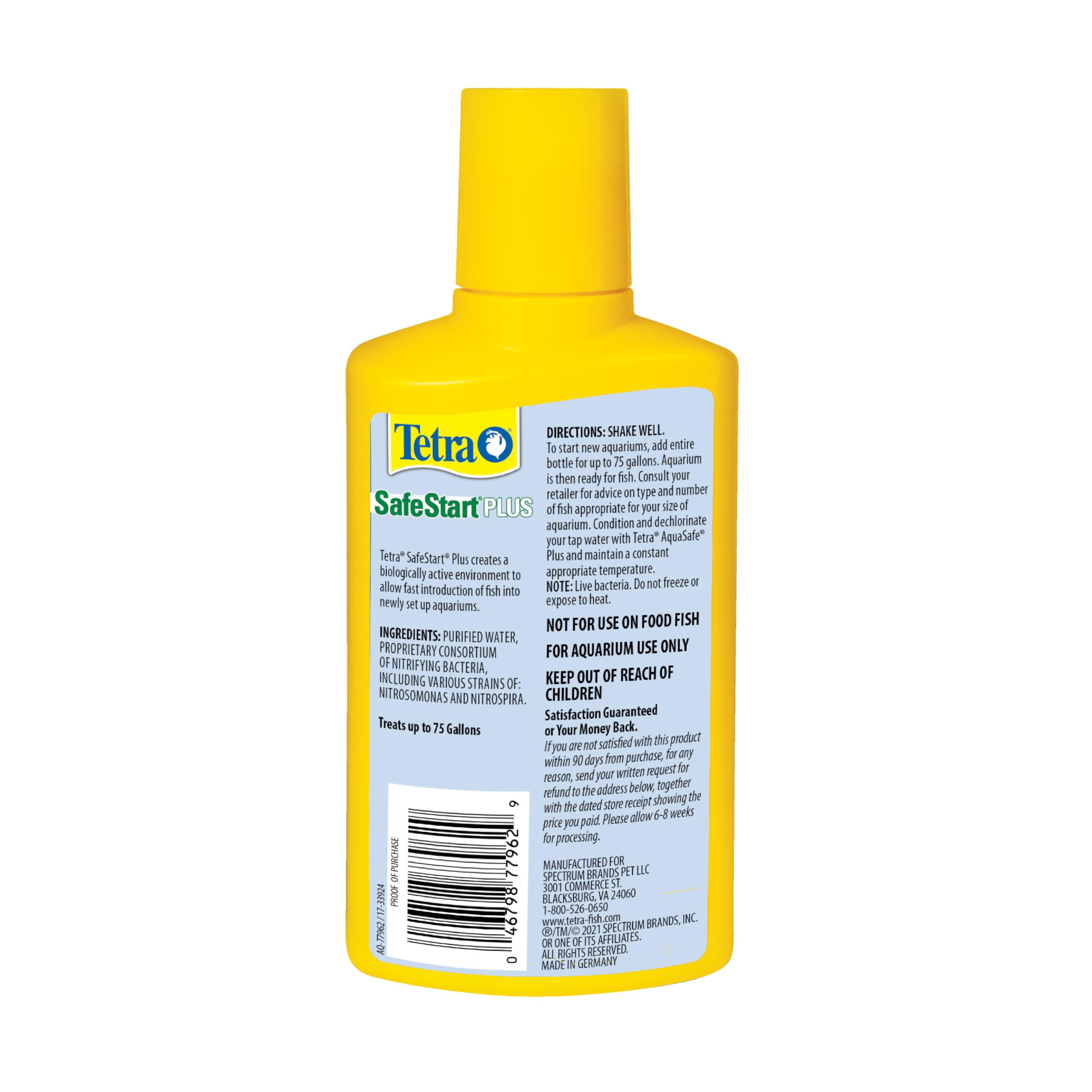 Tetra SafeStart Plus botella-etiqueta muestra la etiqueta clara para uso seguro y preciso.