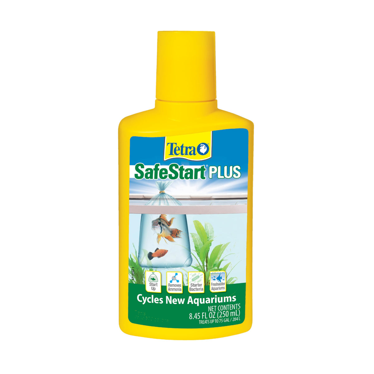 Tetra SafeStart Plus frasco-dosis para iniciar acuario rápidamente y apoyar un ambiente estable.
