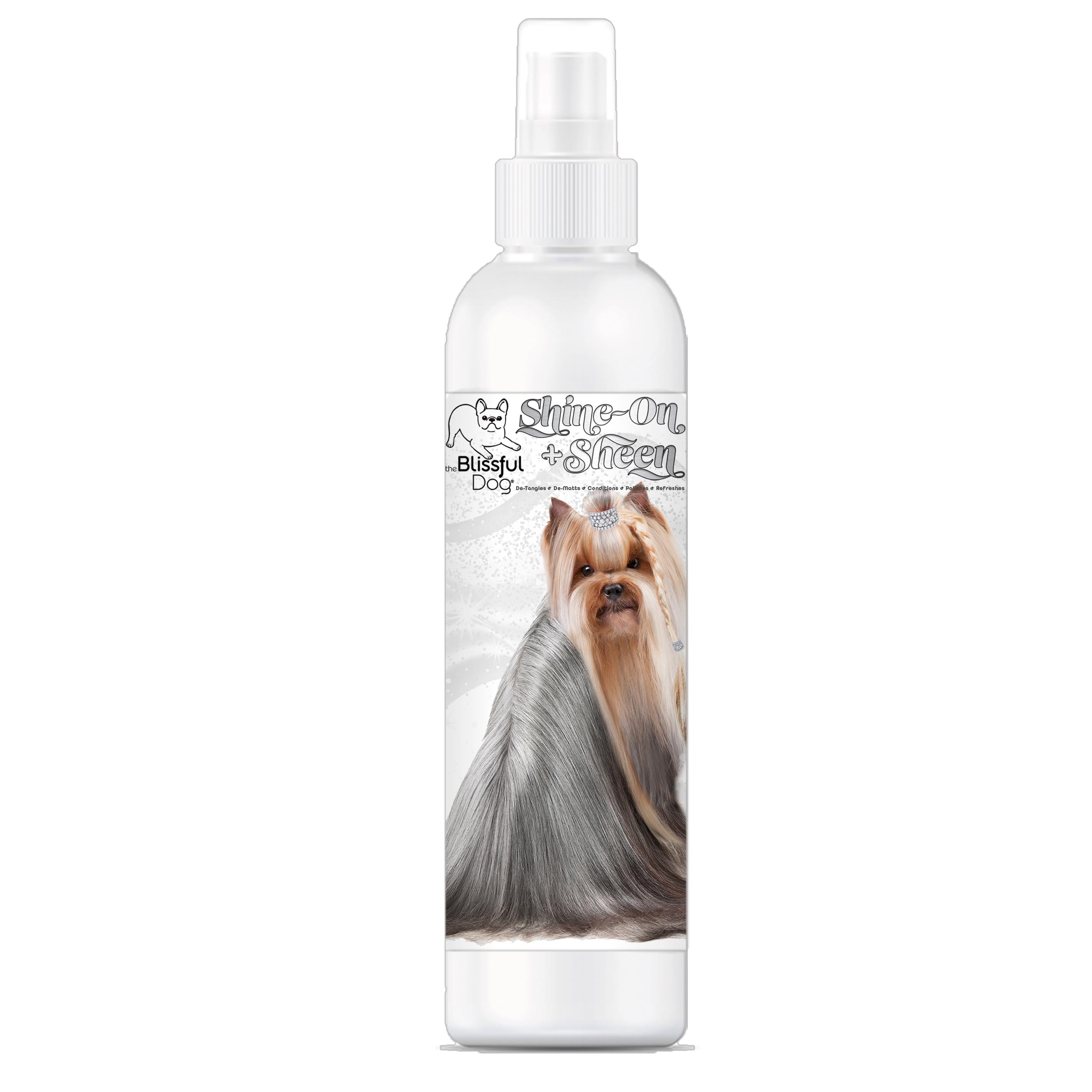 The Blissful Dog Shine-On-Sheen en botella para brillo suave del pelaje.