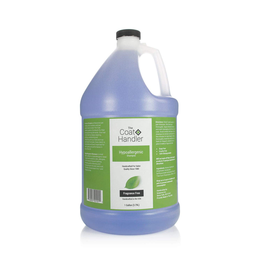 The Coat Handler champú hipoalergénico para perros, botella de 1 galón, cuidado suave para piel sensible.