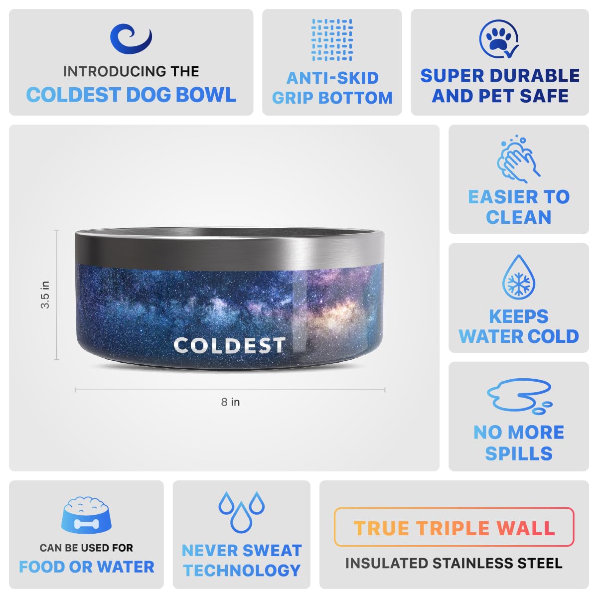 The Coldest Water cuenco sin derrames, diseño a prueba de fugas para áreas limpias.