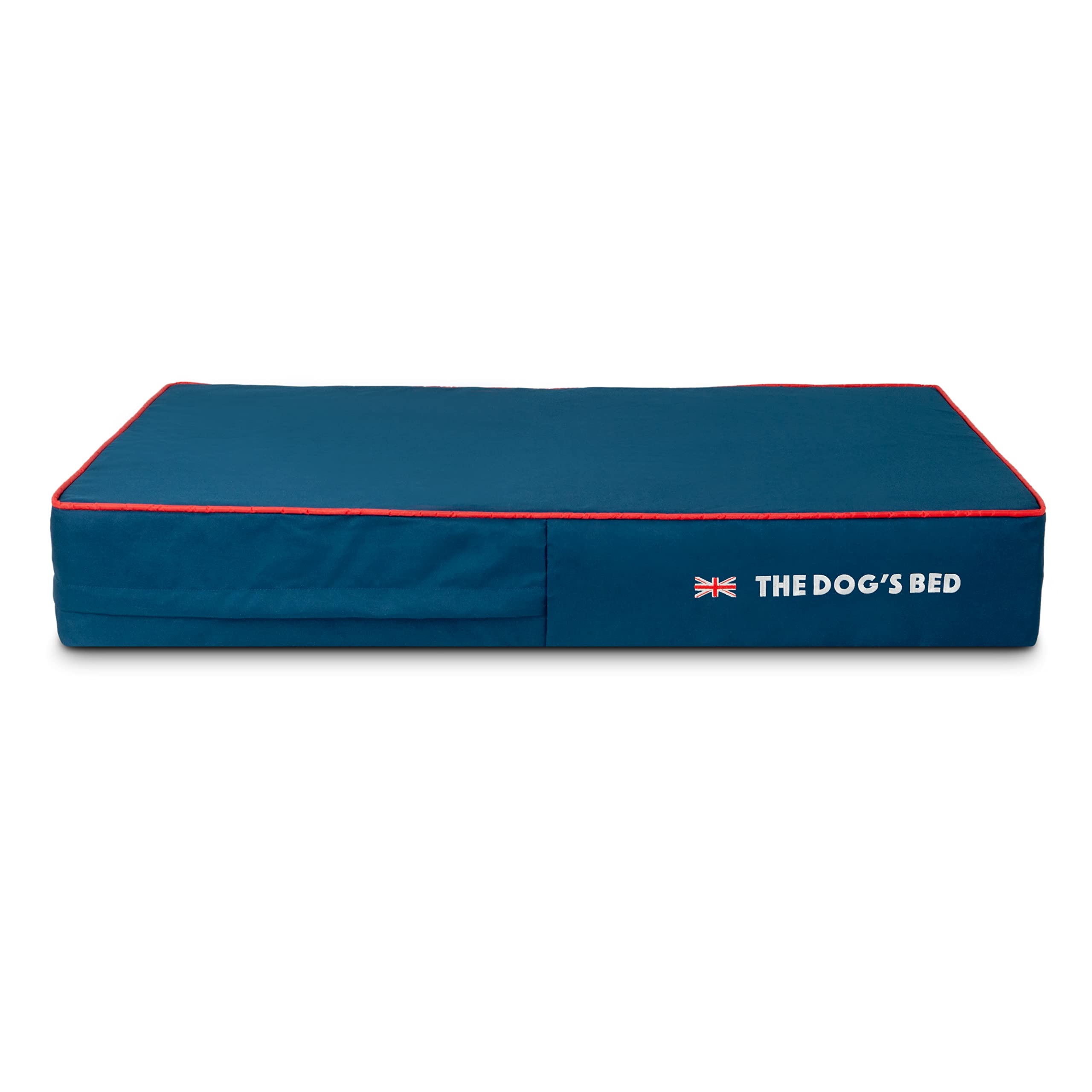 Funda exterior azul de The Dog's Balls con pespunte rojo protege la cama