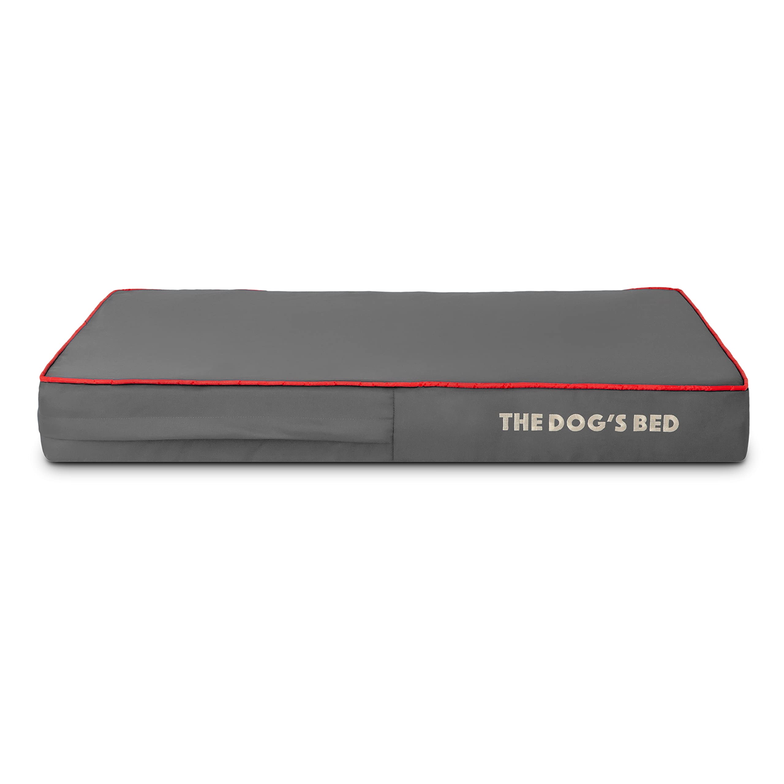 The Dog's Balls: funda exterior para The Dog's Bed mediana, gris con bies rojo.