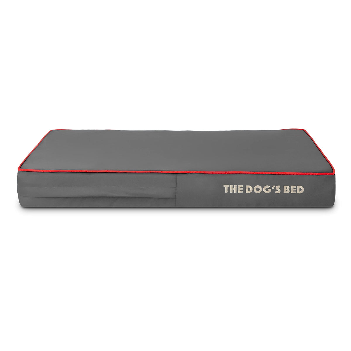 The Dog's Balls: funda exterior para The Dog's Bed mediana, gris con bies rojo.