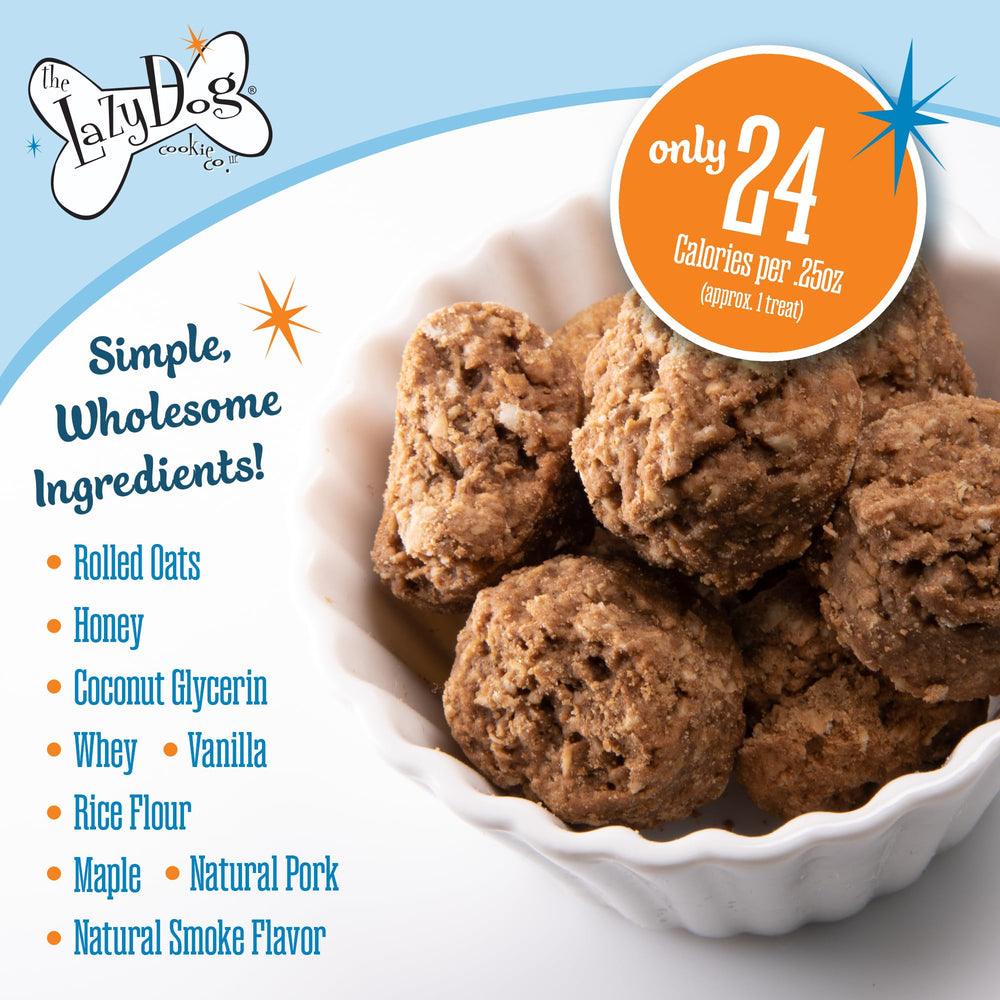 The Lazy Dog Cookie Co. Ingredientes naturales: avena y cerdo ahumado, opción simple para perros.