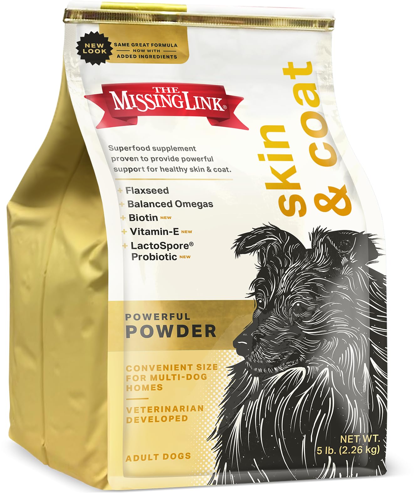The Missing Link polvo piel y pelaje para perro, bolsa de 5 lb para dosificación.