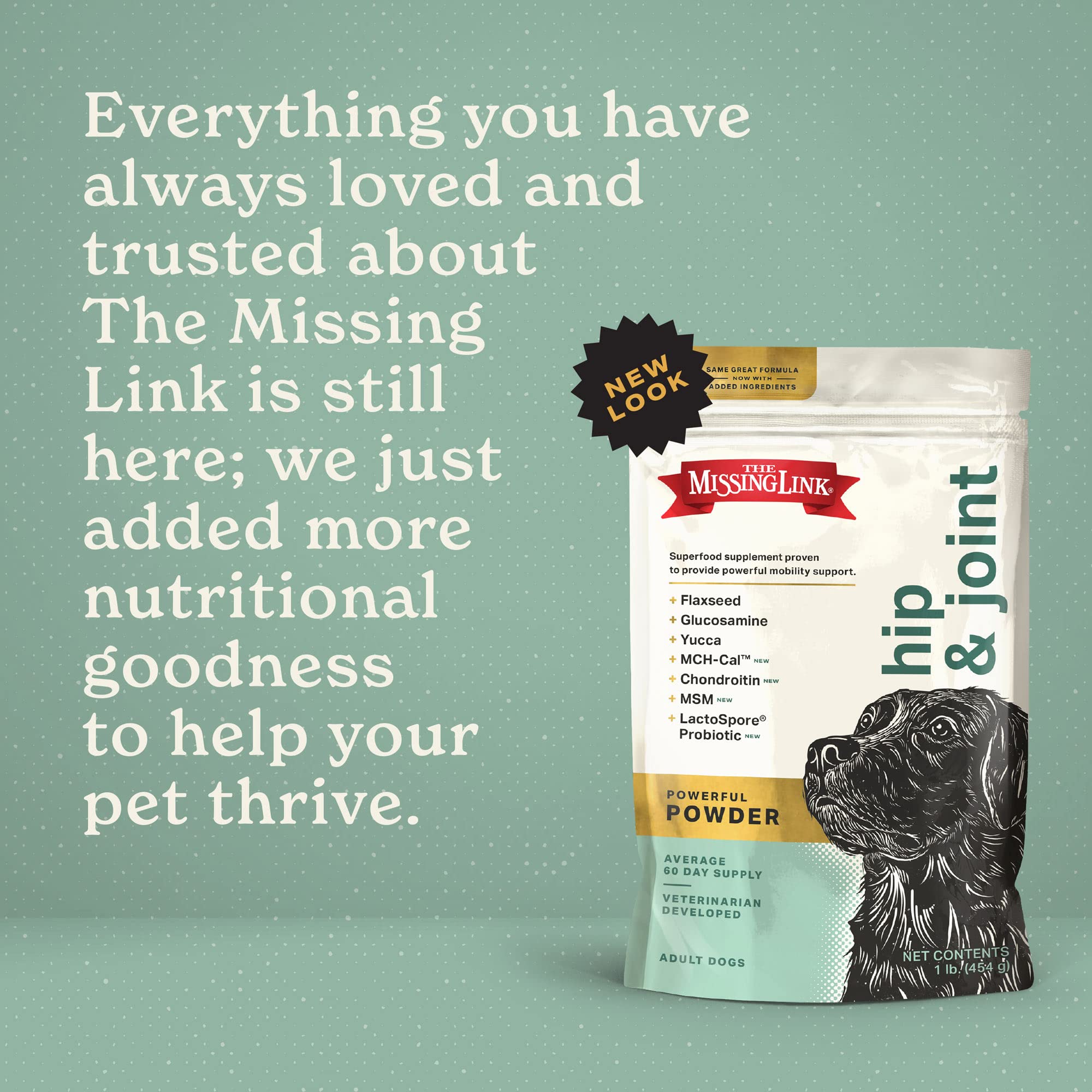 The Missing Link polvo omega 3-6 para piel y pelaje saludables.