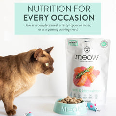 Meow ofrece uso como comida completa, complemento o mezclador para gatos.