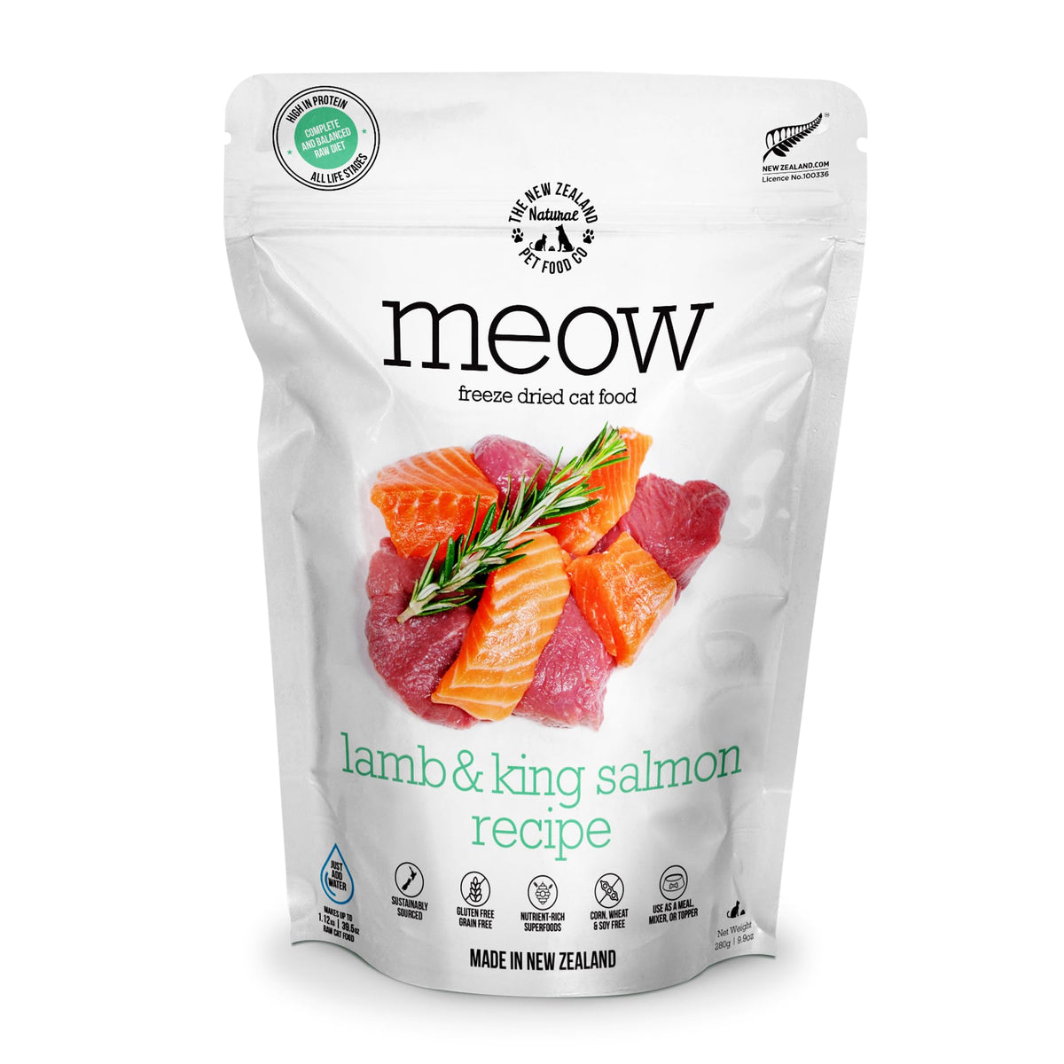 Meow de The New Zealand Natural Pet Food Co: alimento seco liofilizado de cordero y salmón, proteína alta.