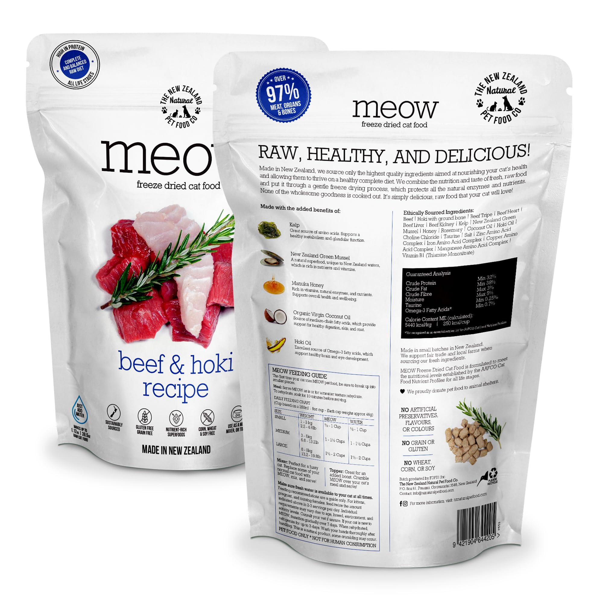 The New Zealand Natural Pet Food Co Meow - ingredientes visibles, carne y órganos de alta proteína.