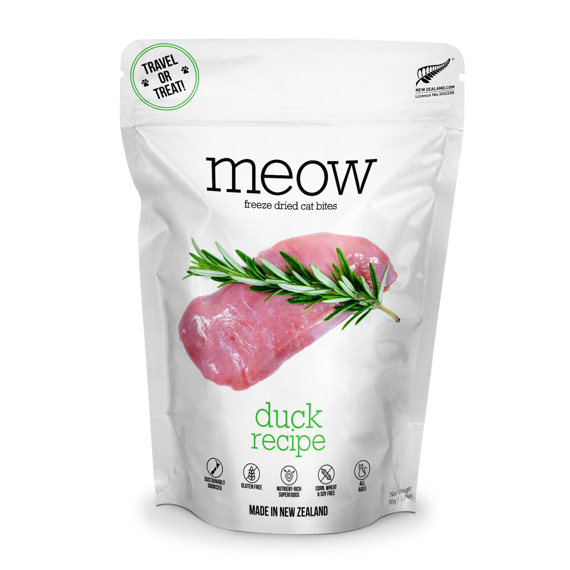 The New Zealand Natural Pet Food Co. Meow Duck, envase compacto para almacenamiento práctico.