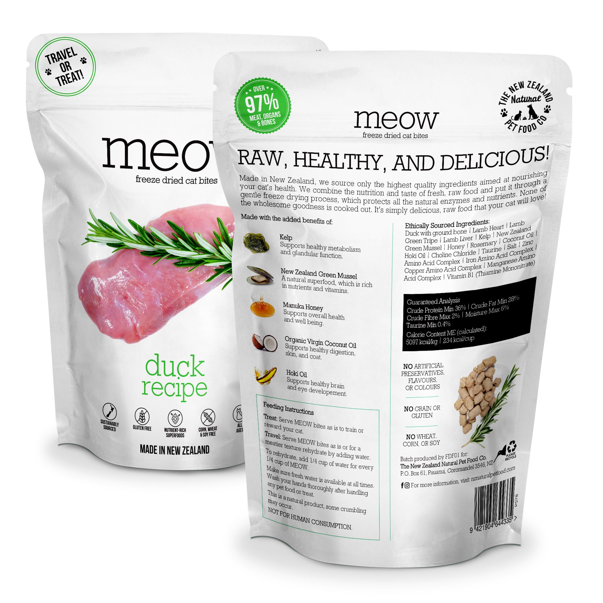The New Zealand Natural Pet Food Co. Meow Duck, textura liofilizada, experiencia sabrosa.
