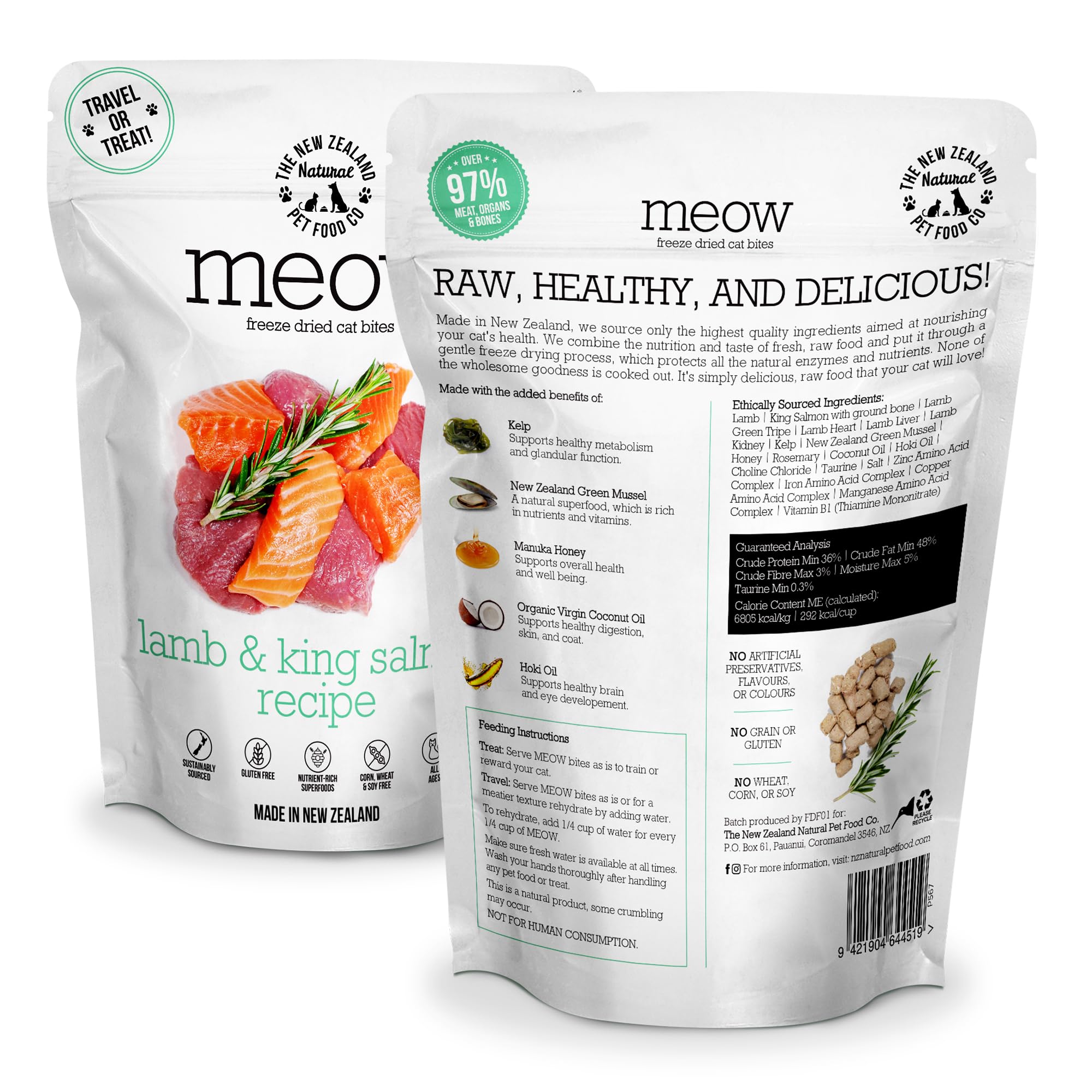 The New Zealand Natural Pet Food Co Meow Freeze Dried Cat Food trozos liofilizados crujientes para gatos