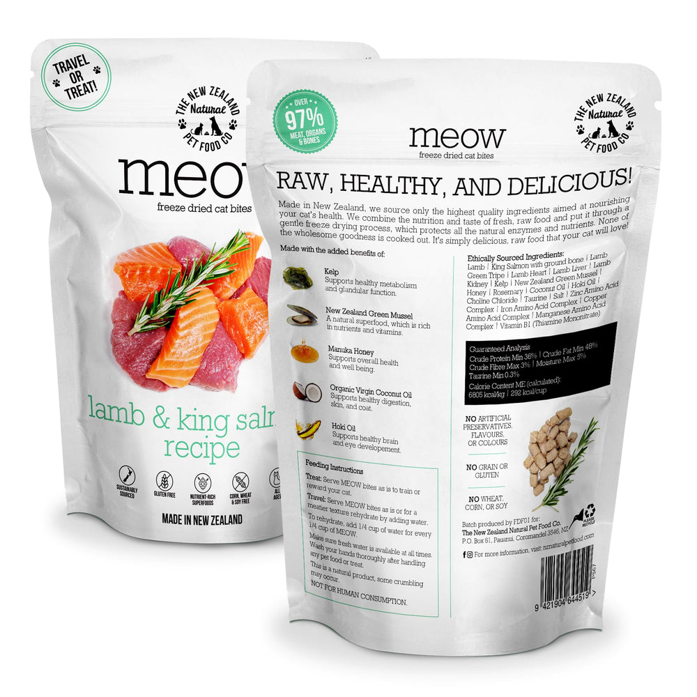 The New Zealand Natural Pet Food Co Meow Freeze Dried Cat Food trozos liofilizados crujientes para gatos