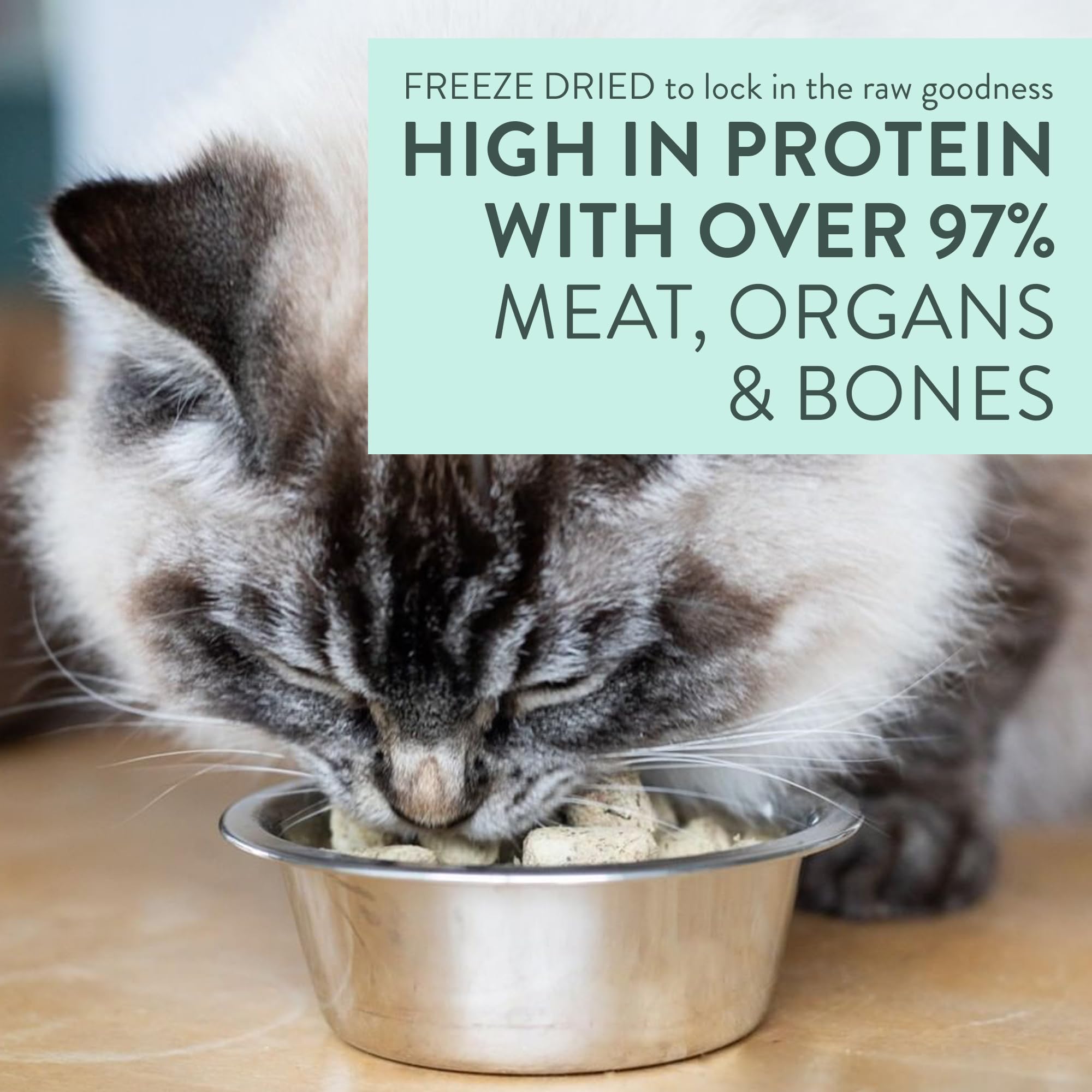 The New Zealand Natural Pet Food Co Meow Freeze Dried Cat Food, etiqueta-nutricion-natural: ingredientes premium.