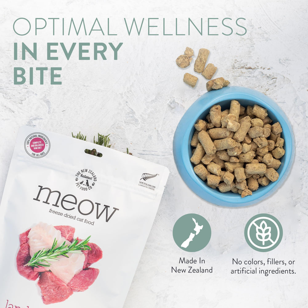 New Zealand Natural Pet Food Co Meow Freeze Dried Cat Food, ingredientes-naturales: apoyo digestivo con enzimas.