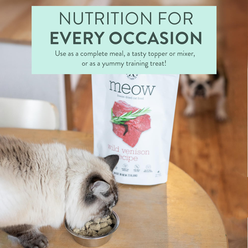 New Zealand Natural Pet Food Co Meow Freeze Dried Cat Food, trozos: snack alto en proteína para gatos.