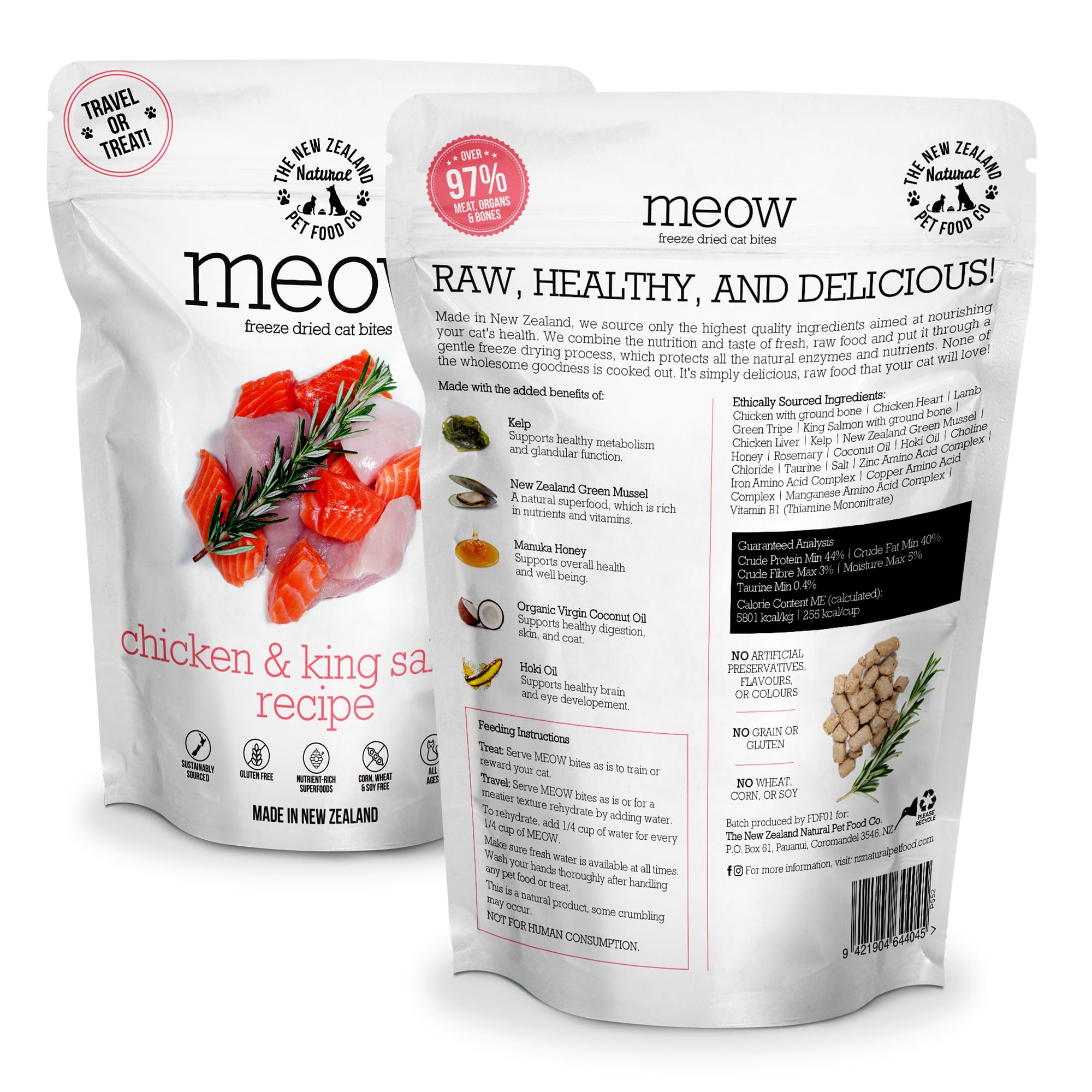 The New Zealand Natural Pet Food Co. Meow ingredientes de calidad, pollo y salmón, para una comida sabrosa.