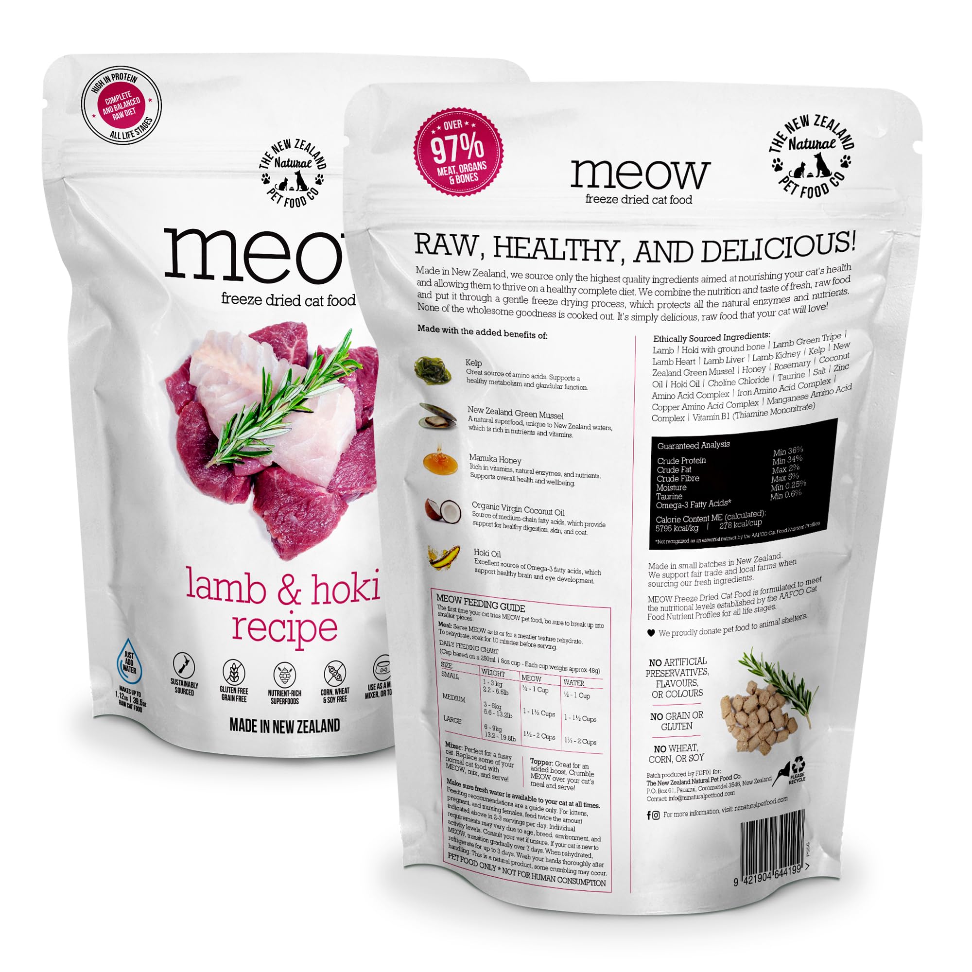 The New Zealand Natural Pet Food Co. Meow ingredientes naturales proteicos para gatos sanos.