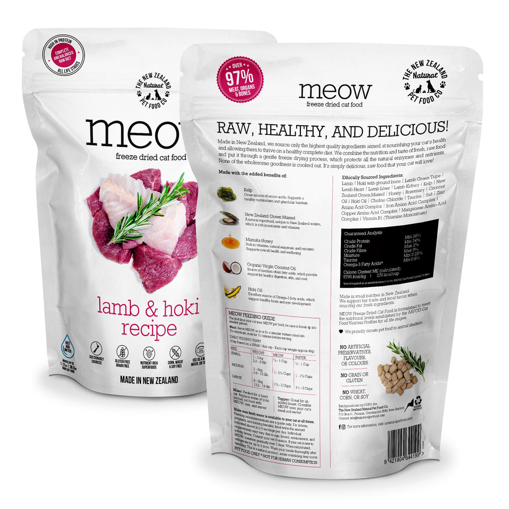 The New Zealand Natural Pet Food Co. Meow ingredientes naturales proteicos para gatos sanos.