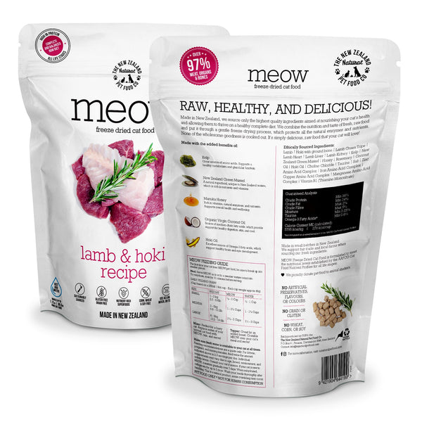The New Zealand Natural Pet Food Co. Meow ingredientes naturales proteicos para gatos sanos.