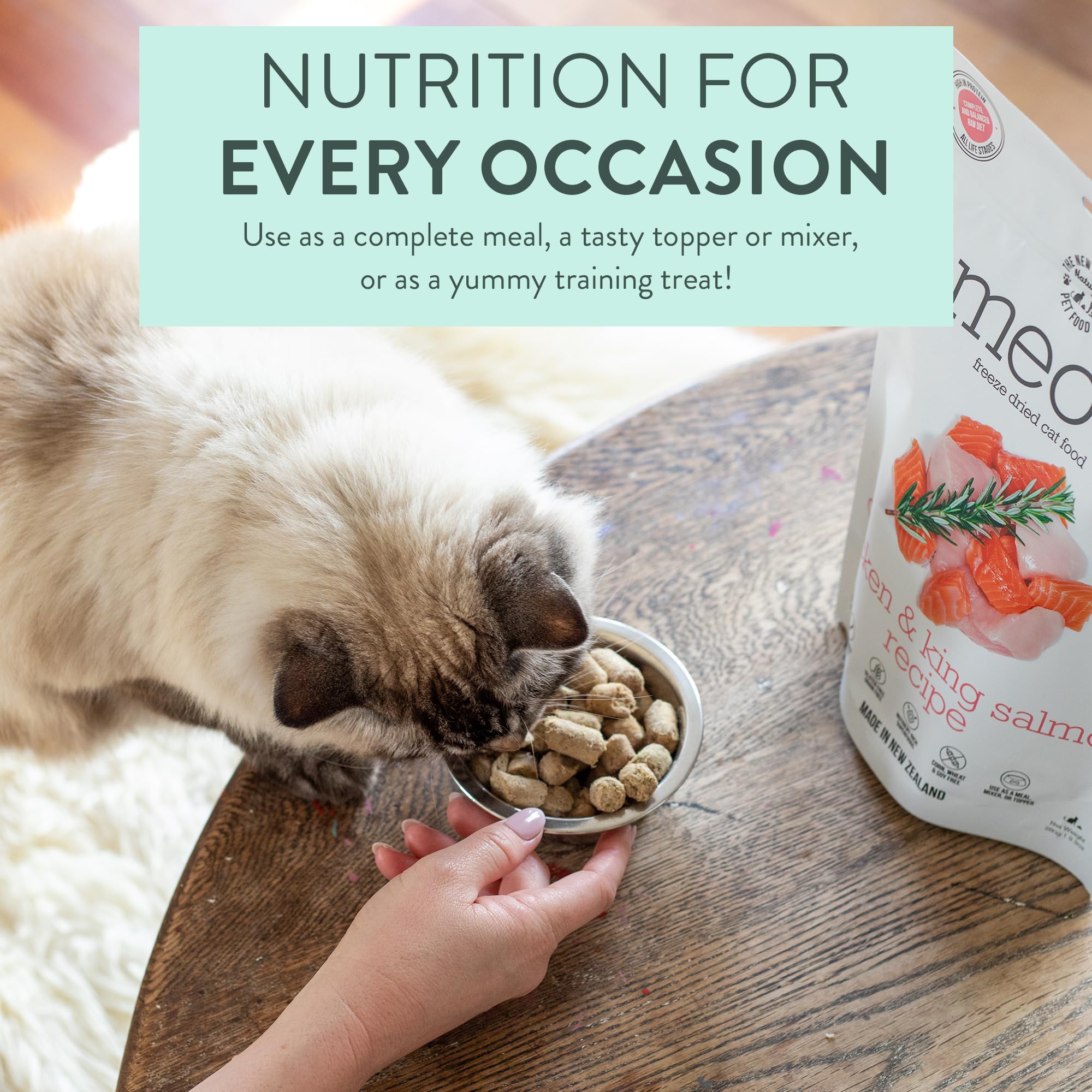 The New Zealand Natural Pet Food Co. Meow proceso de liofilización, preserva nutrientes y enzimas.