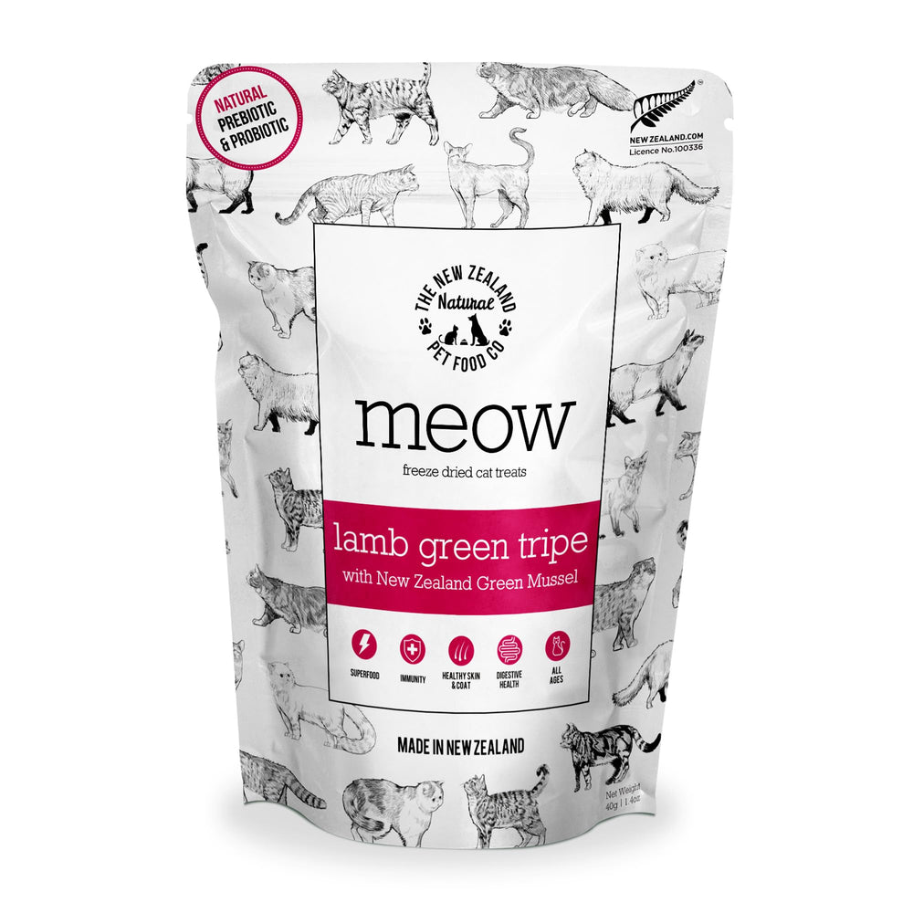 Meow de The New Zealand Natural Pet Food Co: tratos liofilizados de cordero y tripa verde para snack