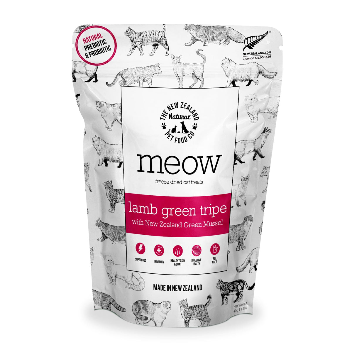 Meow de The New Zealand Natural Pet Food Co: tratos liofilizados de cordero y tripa verde para snack