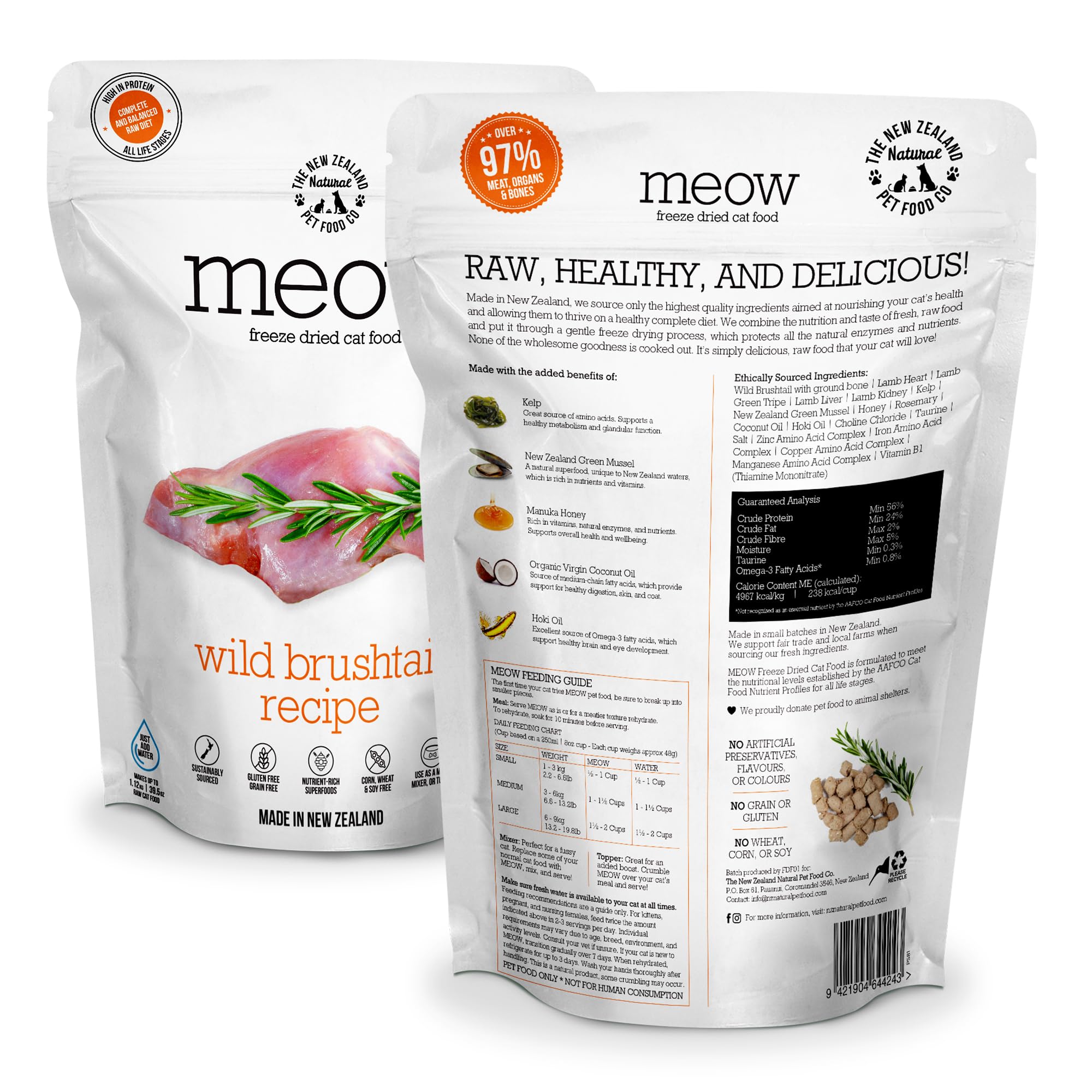 The New Zealand Natural Pet Food Co Meow: trozos de brushtail salvaje para gatos.