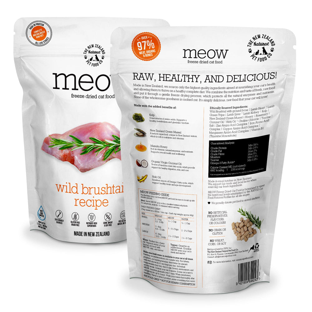 The New Zealand Natural Pet Food Co Meow: trozos de brushtail salvaje para gatos.