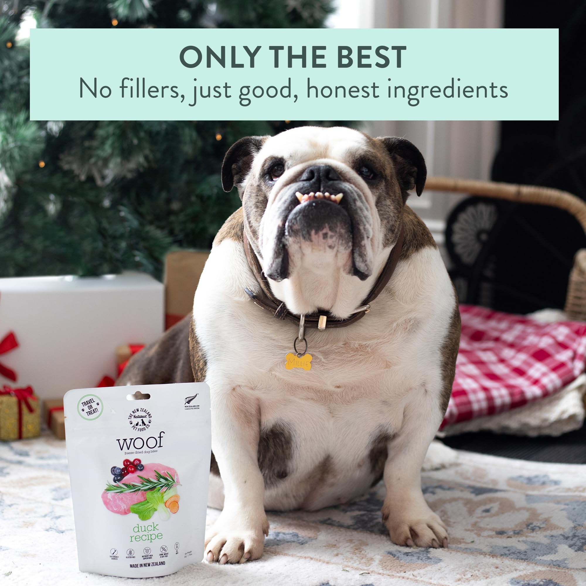 The New Zealand Natural Pet Food Co. Woof Receta de Pato Liofilizado – beneficios digestivos gracias a enzimas.