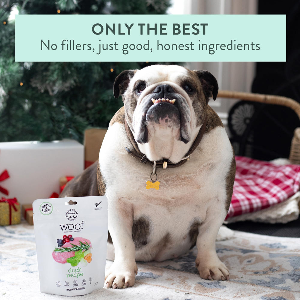 The New Zealand Natural Pet Food Co. Woof Receta de Pato Liofilizado – beneficios digestivos gracias a enzimas.