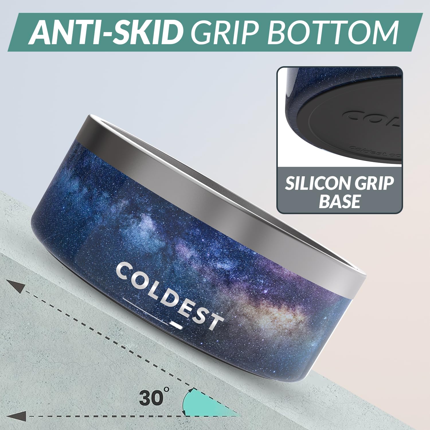 El tazón The Coldest Water con base antideslizante para evitar derrames.