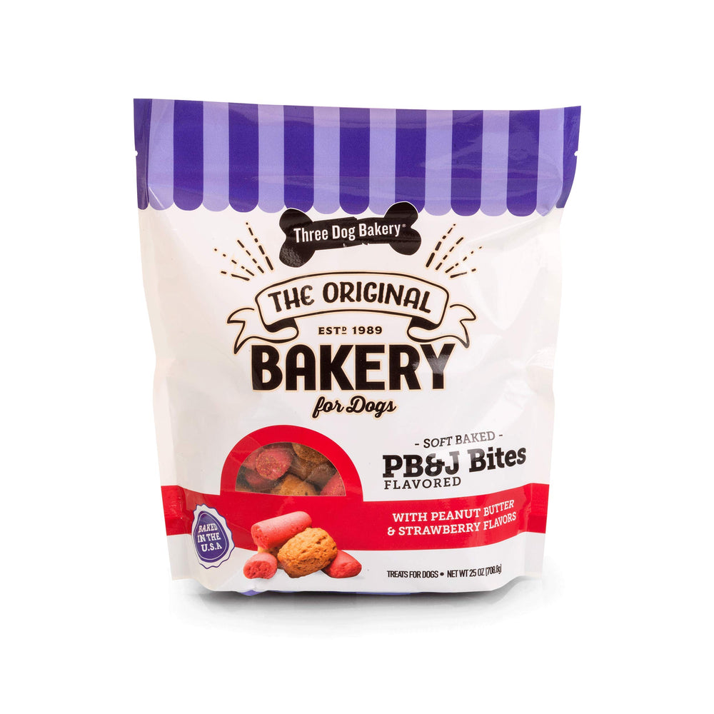 Three Dog Bakery Bocados suaves PB&J con sabor a mani y fresa para perros.