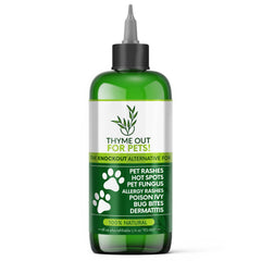 Thyme Out para mascotas, botella de 8 oz lista para uso diario.