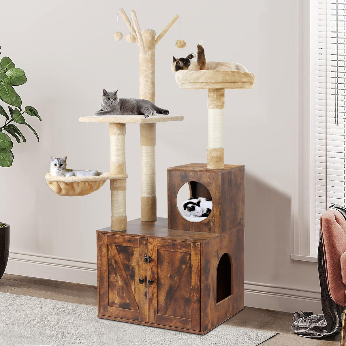 Timberer torre-gato 2en1 con caja de arena: espacio cómodo y privado para gatos.