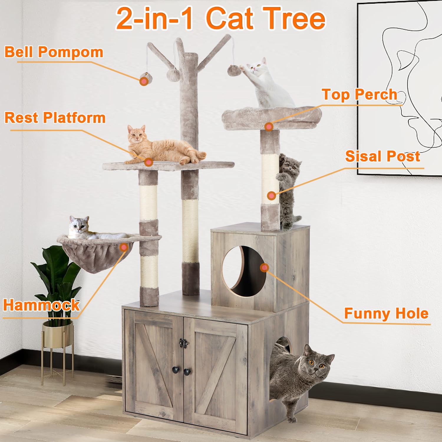 Timberer torre-gato-dos-en-uno-gris: torre para trepar y dormir en un mueble elegante.