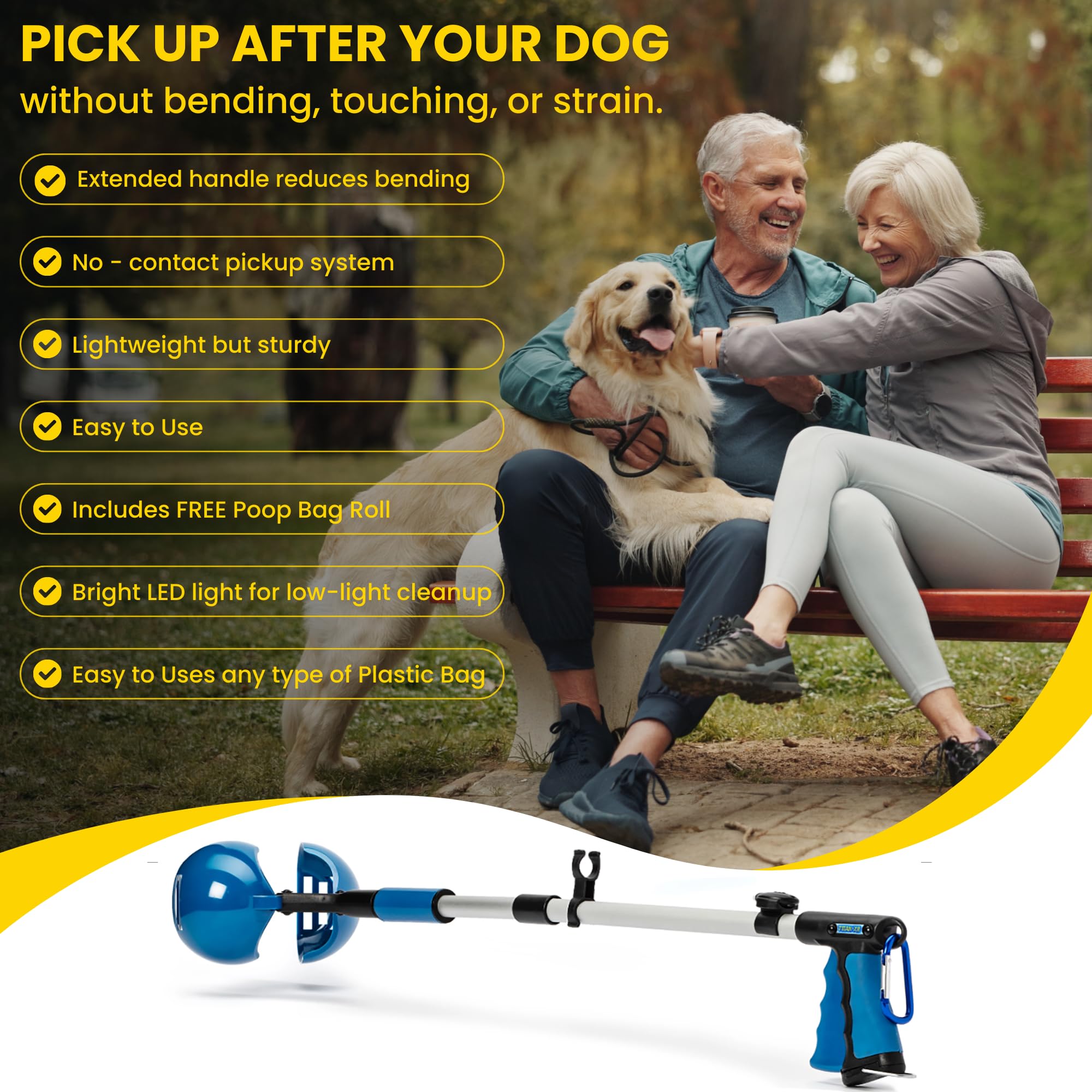 TITAN XR Pooper Scooper con luz LED, ideal para paseos nocturnos.